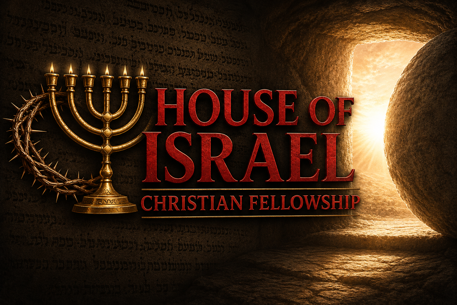 House of Israel Christian Fellowship menorah, crown of thorns, and the opened resurrection tomb